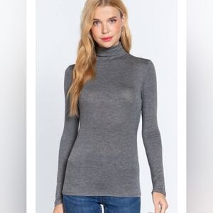 Dark Heather Grey Second Skin Semi Sheer Turtleneck Long Sleeve Tee Shirt